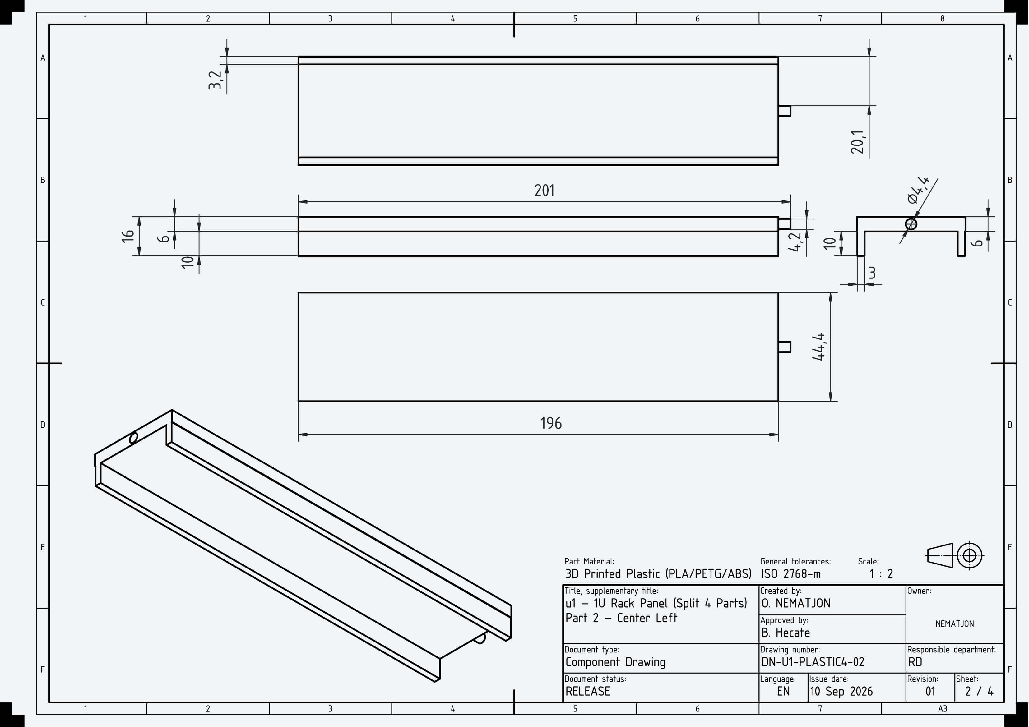 1U Blank Server Rack Panel 19 Inch CNC and 3D Print Ready 3D Model