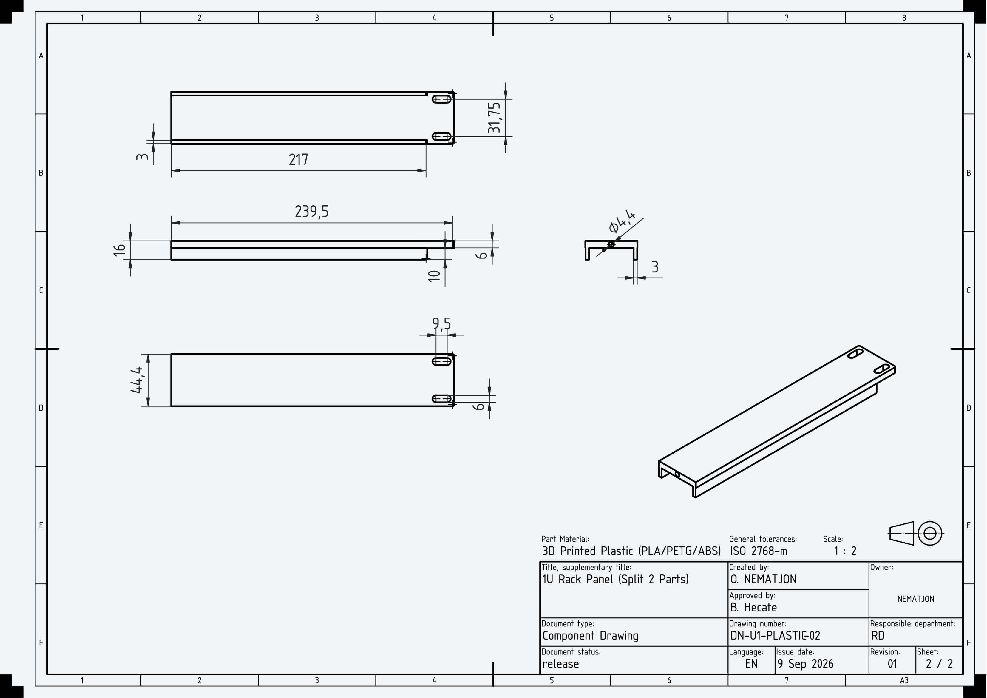 1U Blank Server Rack Panel 19 Inch CNC and 3D Print Ready 3D Model