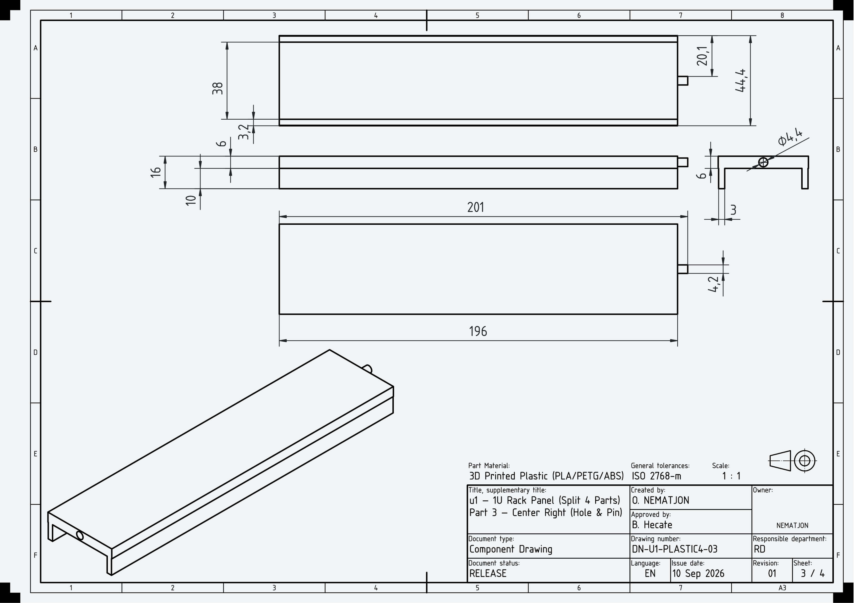 1U Blank Server Rack Panel 19 Inch CNC and 3D Print Ready 3D Model
