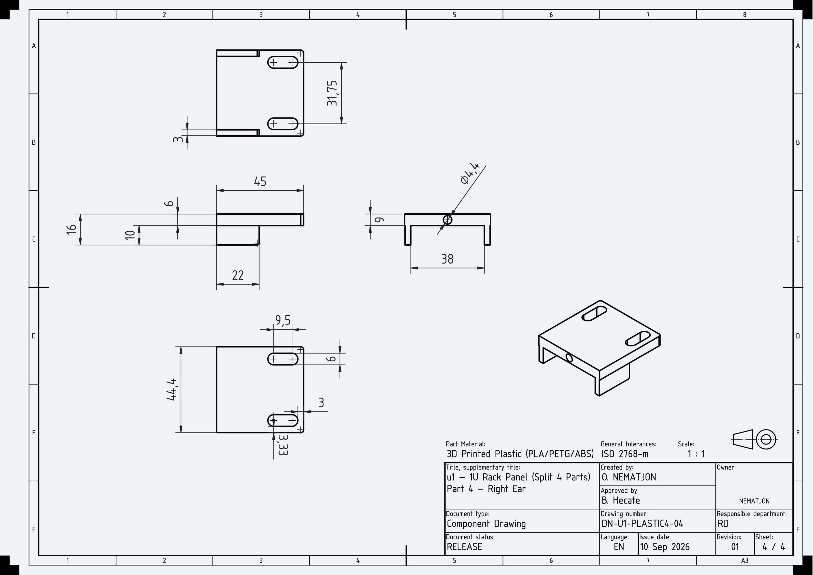 1U Blank Server Rack Panel 19 Inch CNC and 3D Print Ready 3D Model