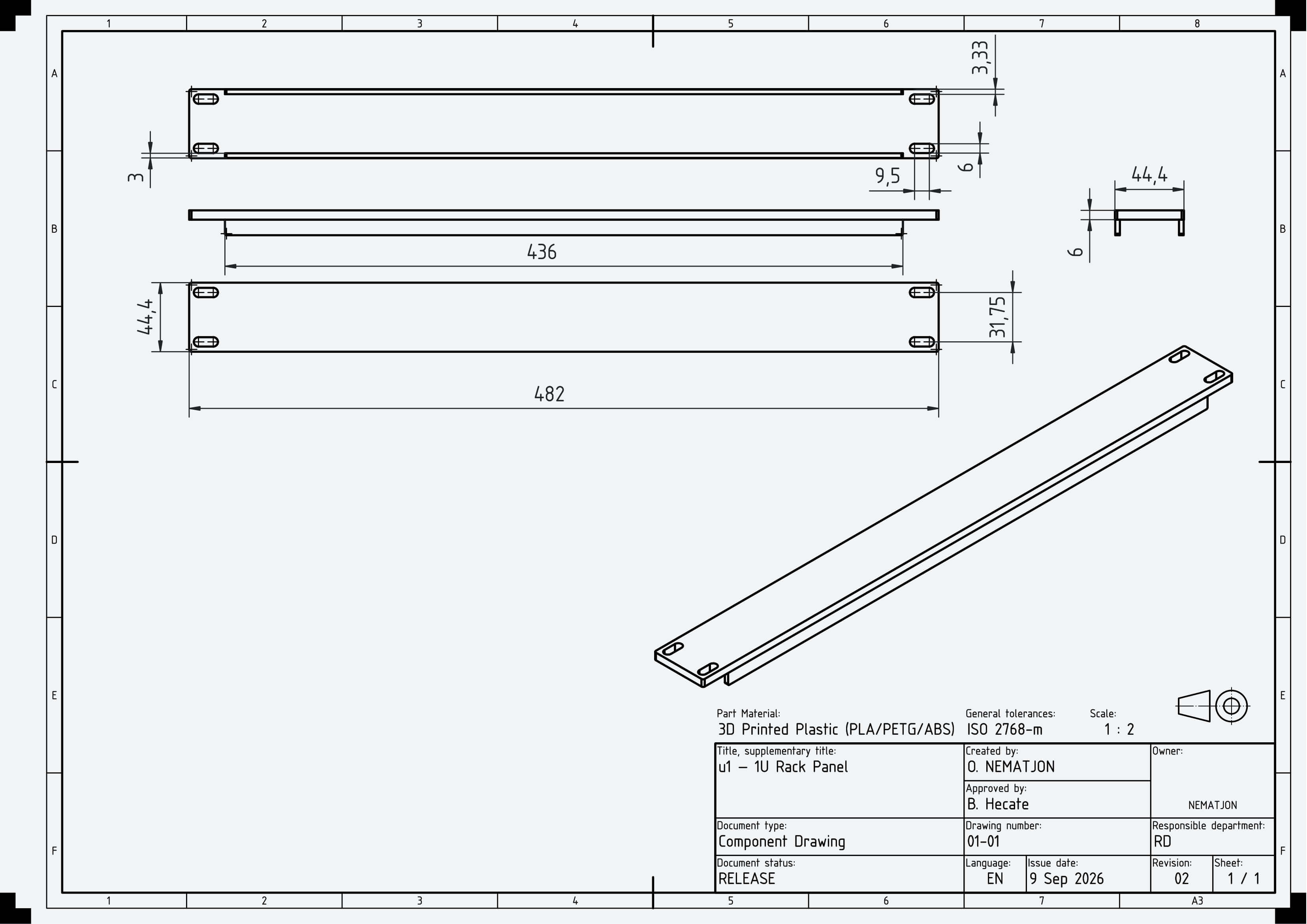 1U Blank Server Rack Panel 19 Inch CNC and 3D Print Ready 3D Model