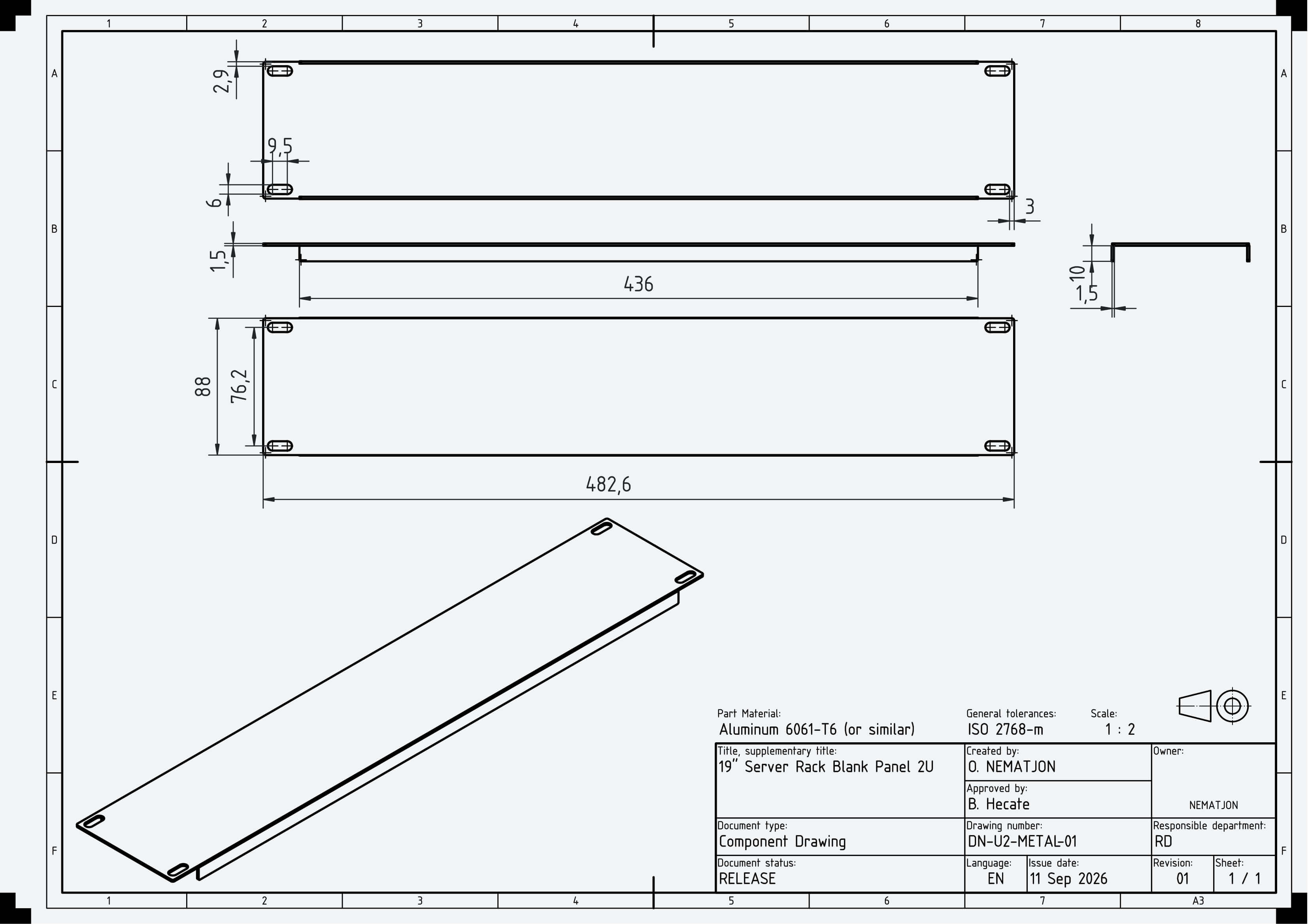 19 Inch 2U Blank Server Rack Panel - CNC and 3D Print Ready 3D Model