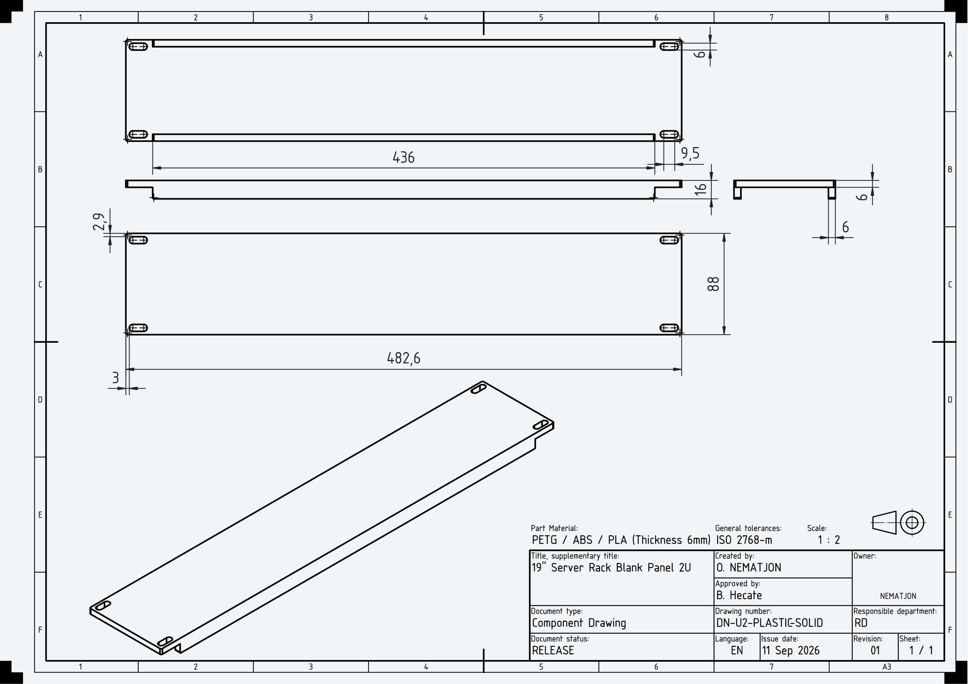 19 Inch 2U Blank Server Rack Panel - CNC and 3D Print Ready 3D Model