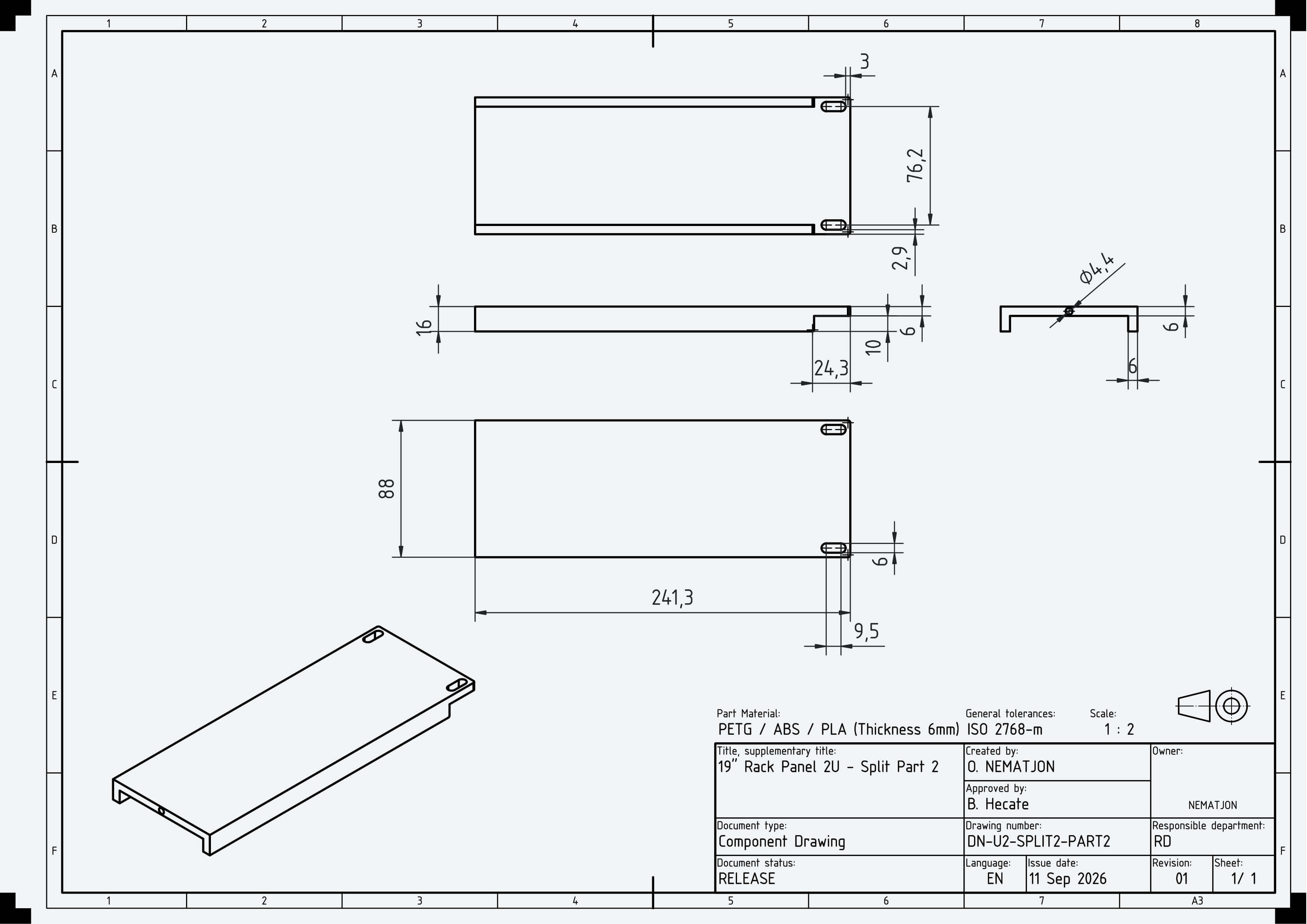 19 Inch 2U Blank Server Rack Panel - CNC and 3D Print Ready 3D Model