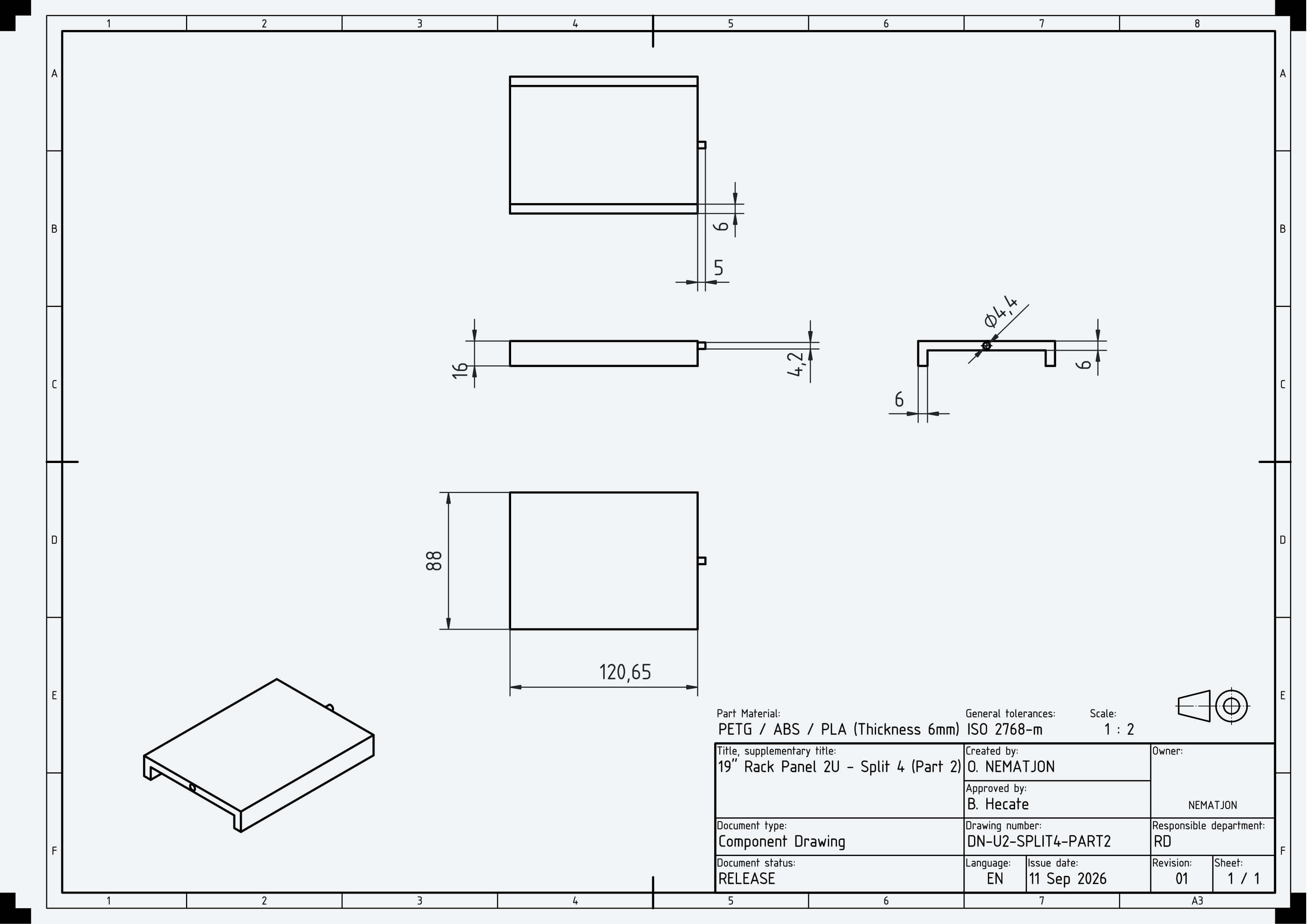 19 Inch 2U Blank Server Rack Panel - CNC and 3D Print Ready 3D Model