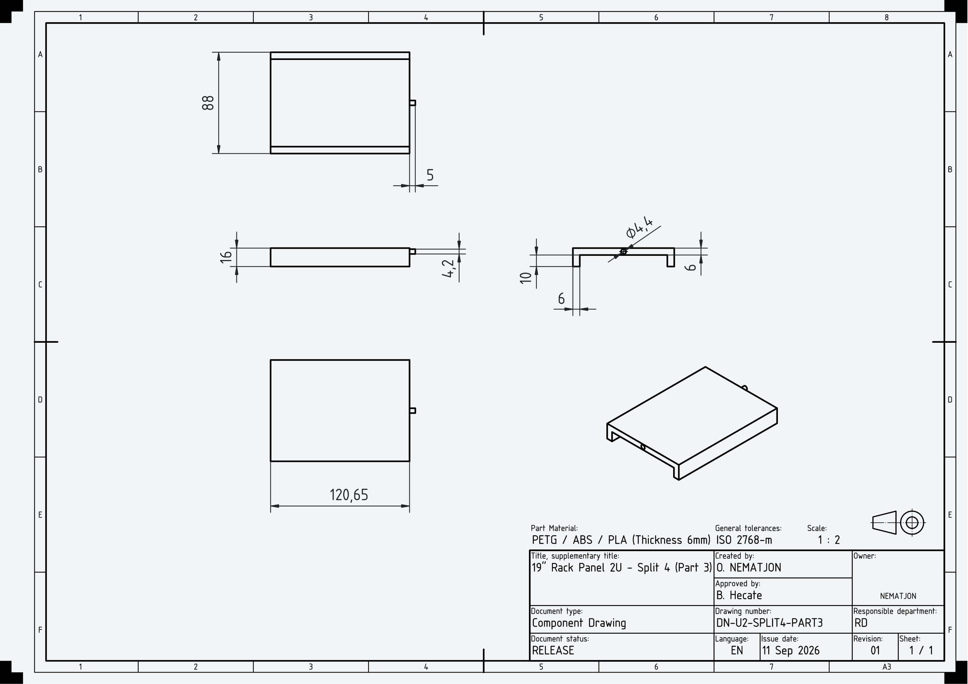 19 Inch 2U Blank Server Rack Panel - CNC and 3D Print Ready 3D Model