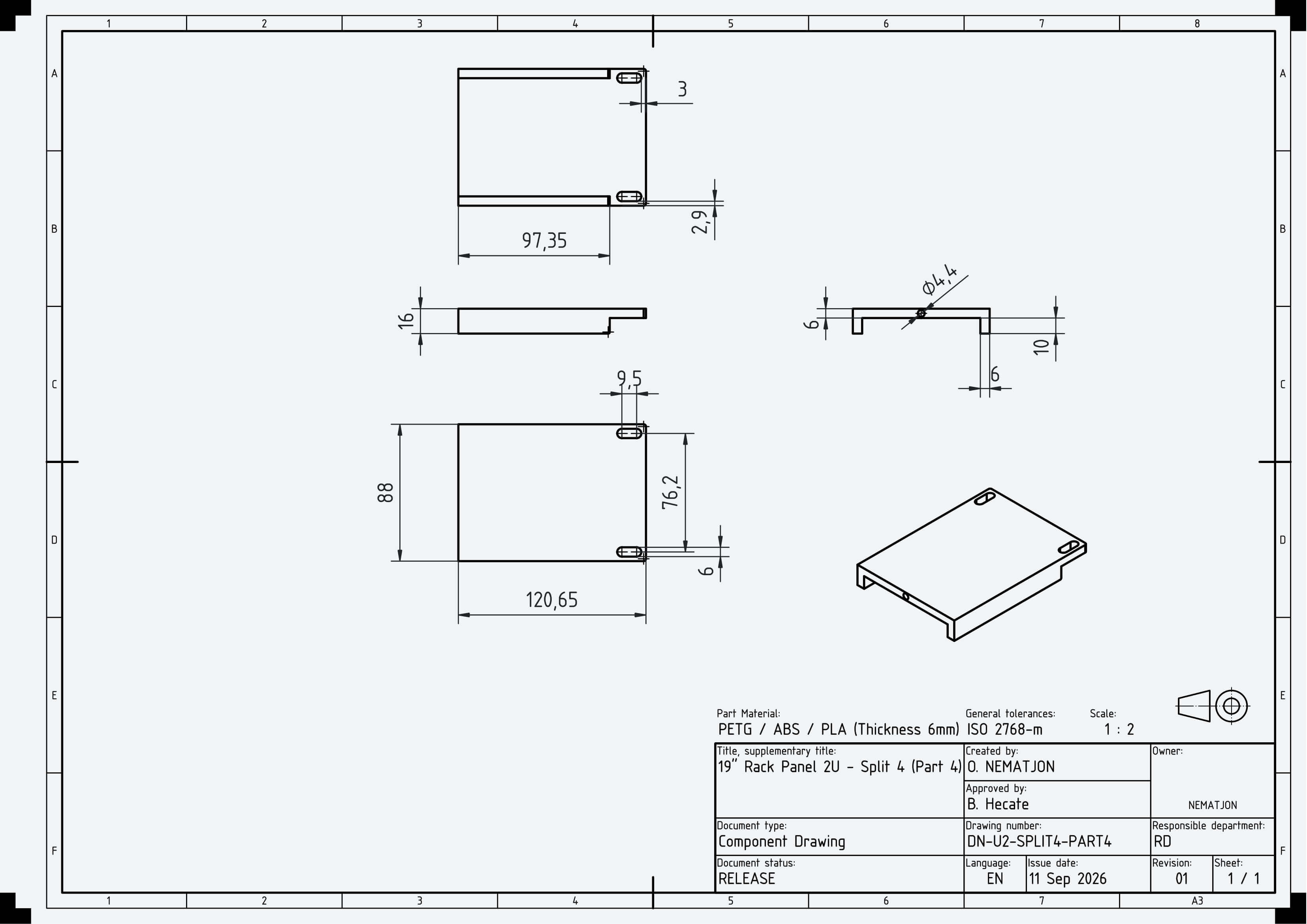 19 Inch 2U Blank Server Rack Panel - CNC and 3D Print Ready 3D Model