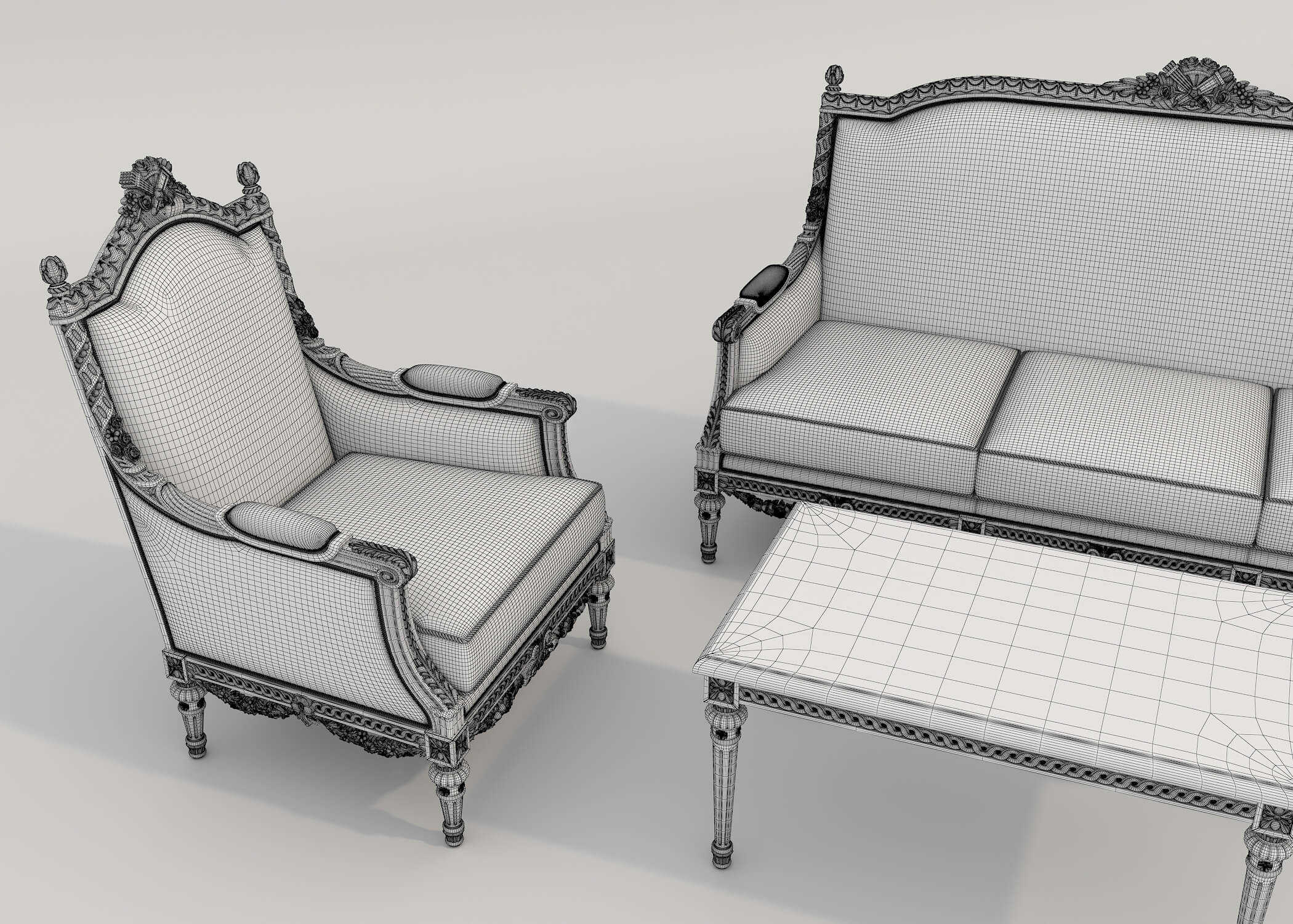 Classic European Style Sofa and Armchair Set 17 3D Model