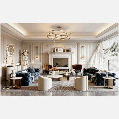 Modern French Style Living Room Interior Scene 3D Model