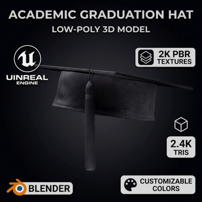 Academic Graduation Hat Mortarboard Low Poly PBR 3D Model