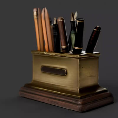 Antique Brass Desk Organizer and Pen Holder - PBR 3D Model