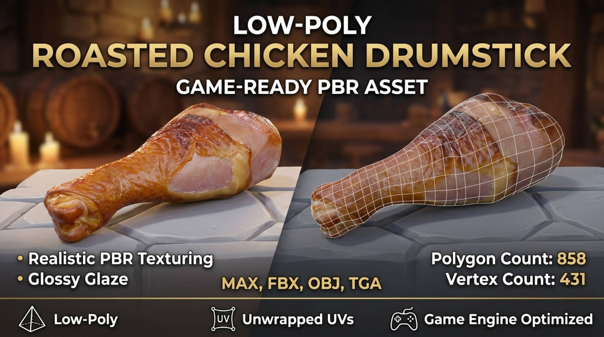 Cooked Chicken Leg - Roasted Drumstick PBR Low-Poly 3D Model 3D Model