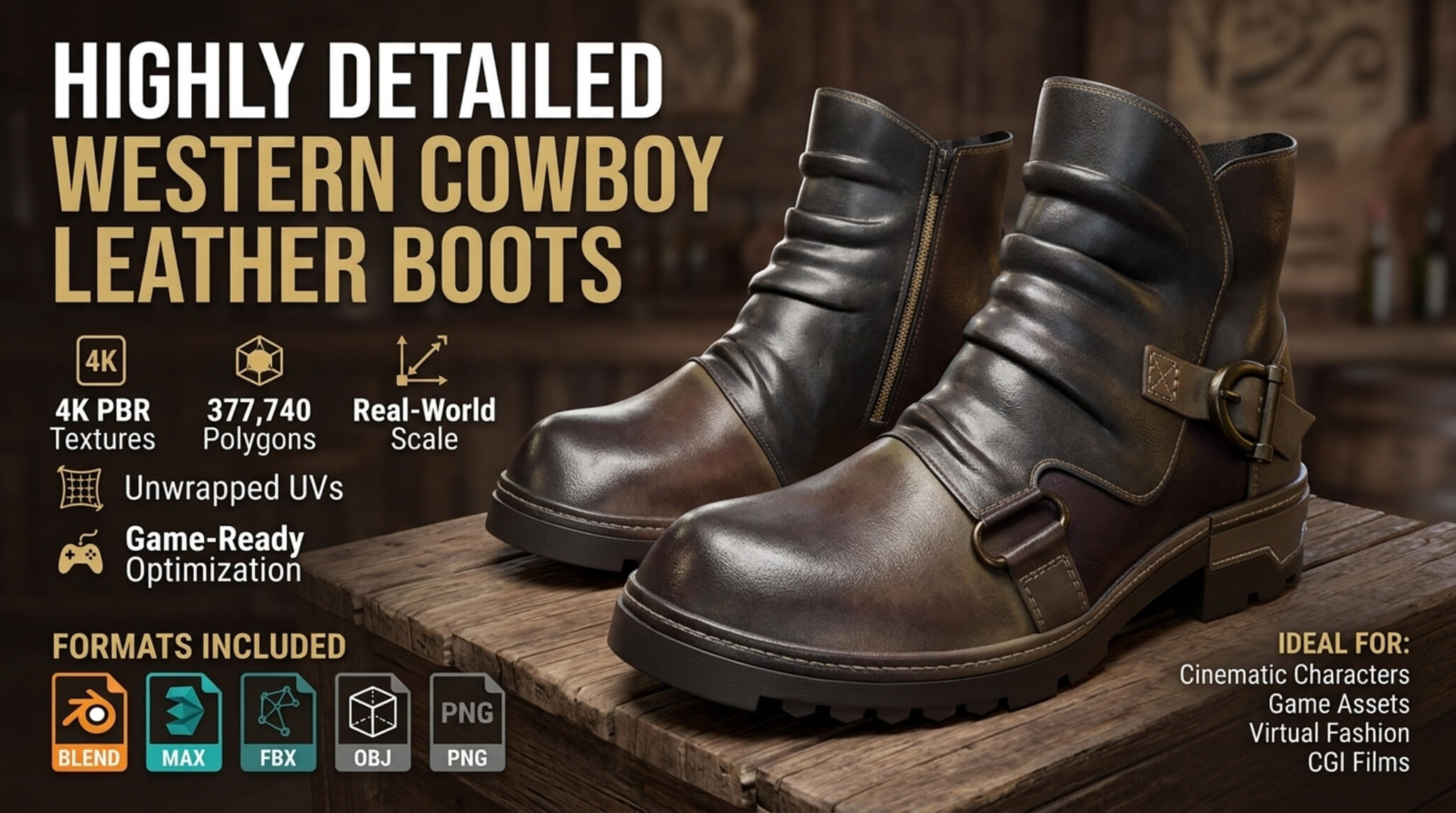 Cowboy Western Leather Boots High Detail PBR 3D Model 3D Model