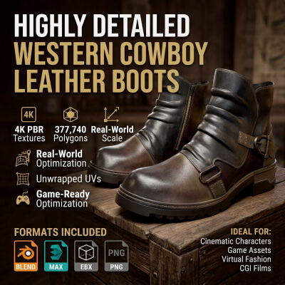 Cowboy Western Leather Boots High Detail PBR 3D Model
