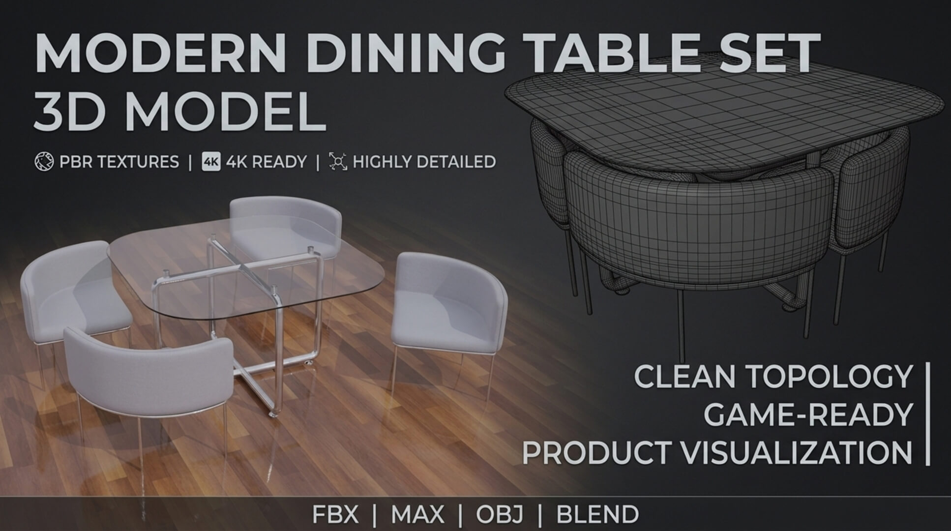 Dining Table with 4 Leather Chairs PBR 3D Model Set 3D Model