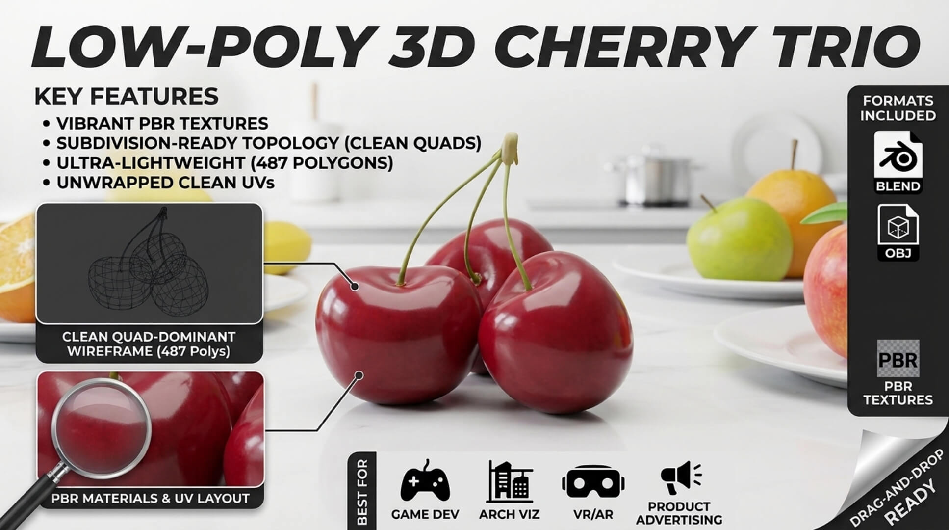 Fresh Cherries Bunch &ndash Low-Poly PBR 3D Model 3D Model