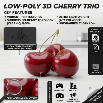 Fresh Cherries Bunch – Low-Poly PBR 3D Model
