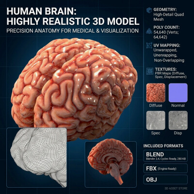 Human Brain Realistic PBR Anatomical 3D Model