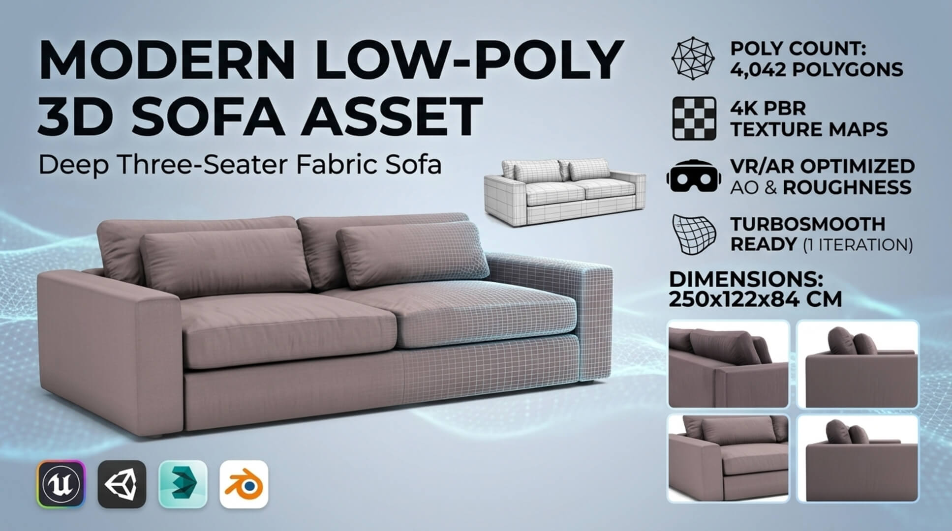 Mirabel Pewter Fabric Sofa - Low-Poly PBR 3D Model 3D Model