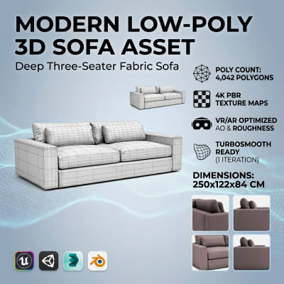 Mirabel Pewter Fabric Sofa - Low-Poly PBR 3D Model