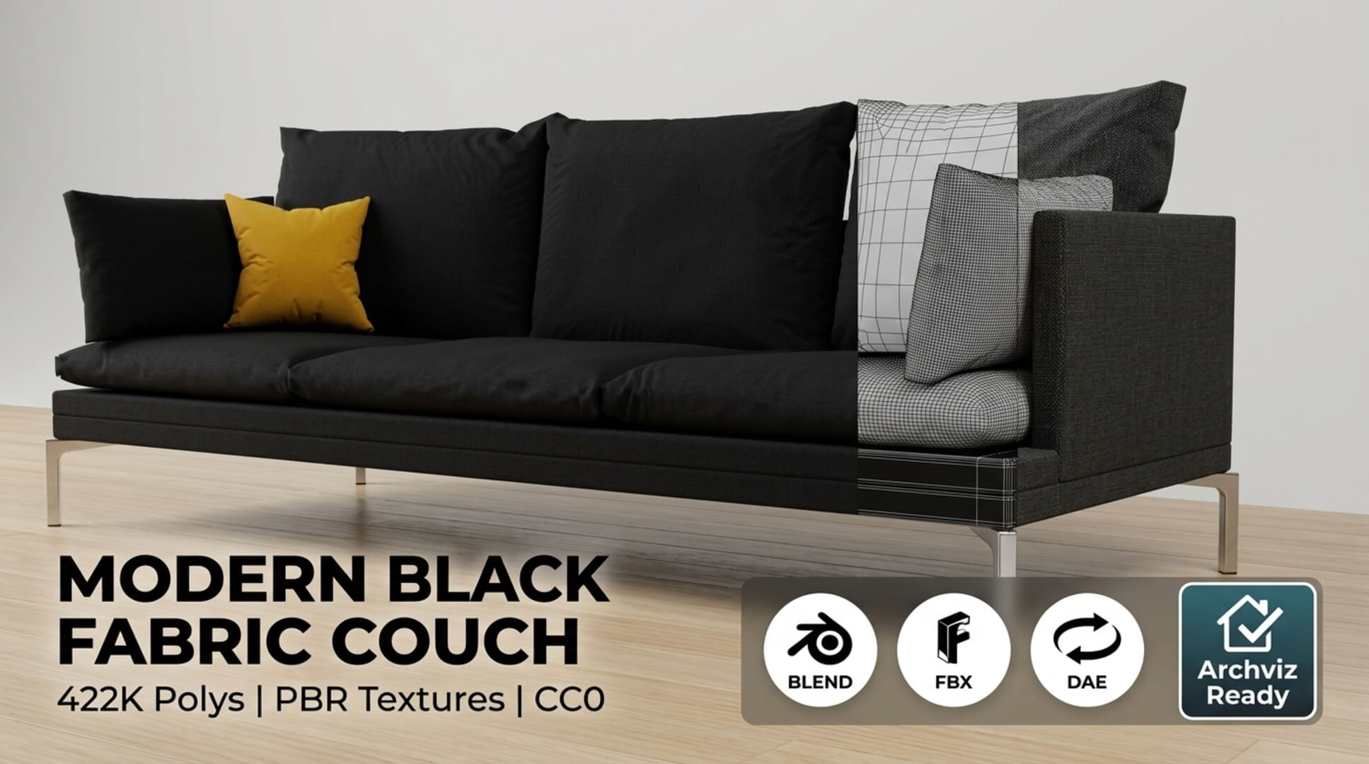 Modern Black Fabric Couch With Pillows High-Detail PBR 3D 3D Model