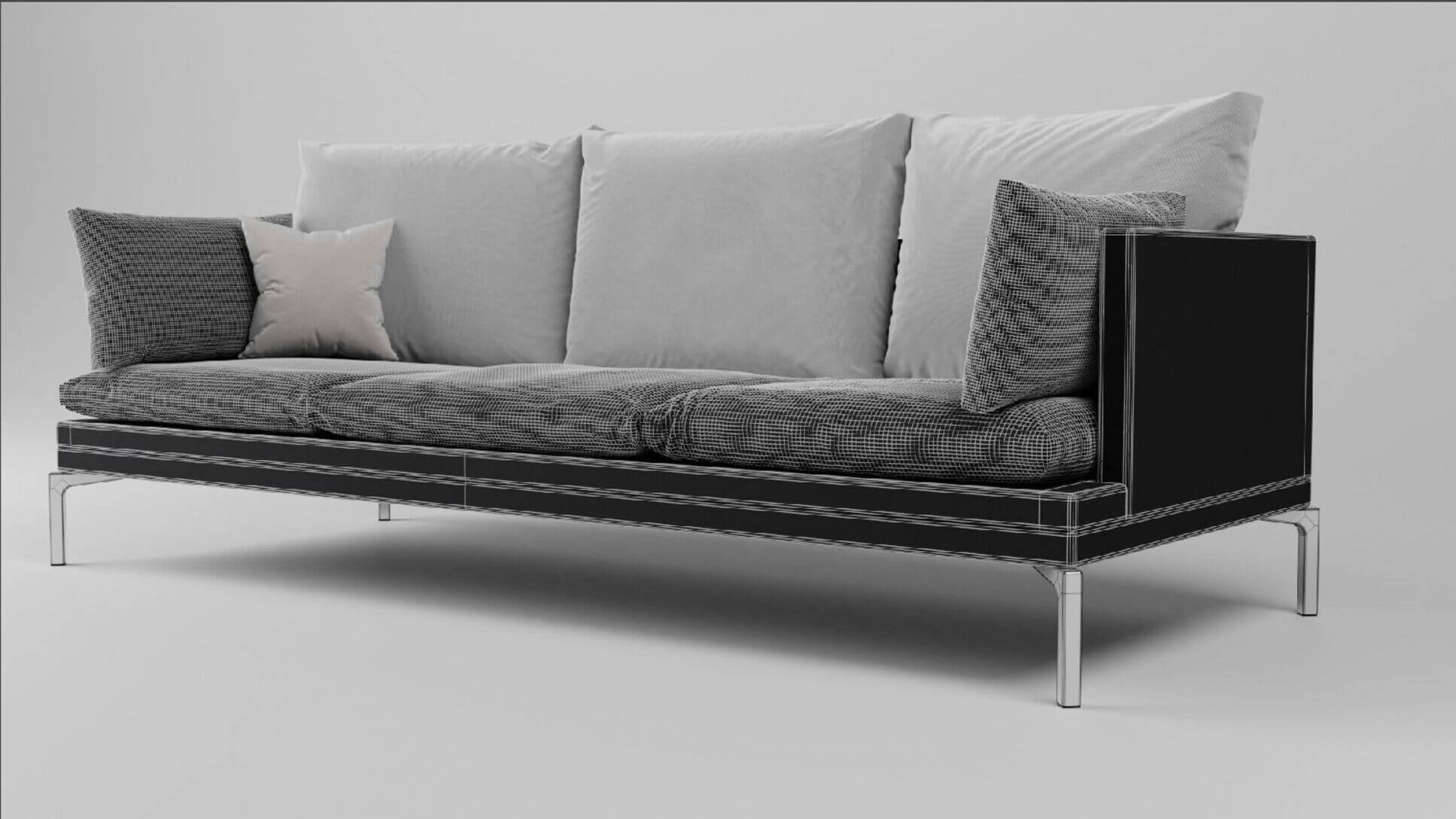 Modern Black Fabric Couch With Pillows High-Detail PBR 3D 3D Model