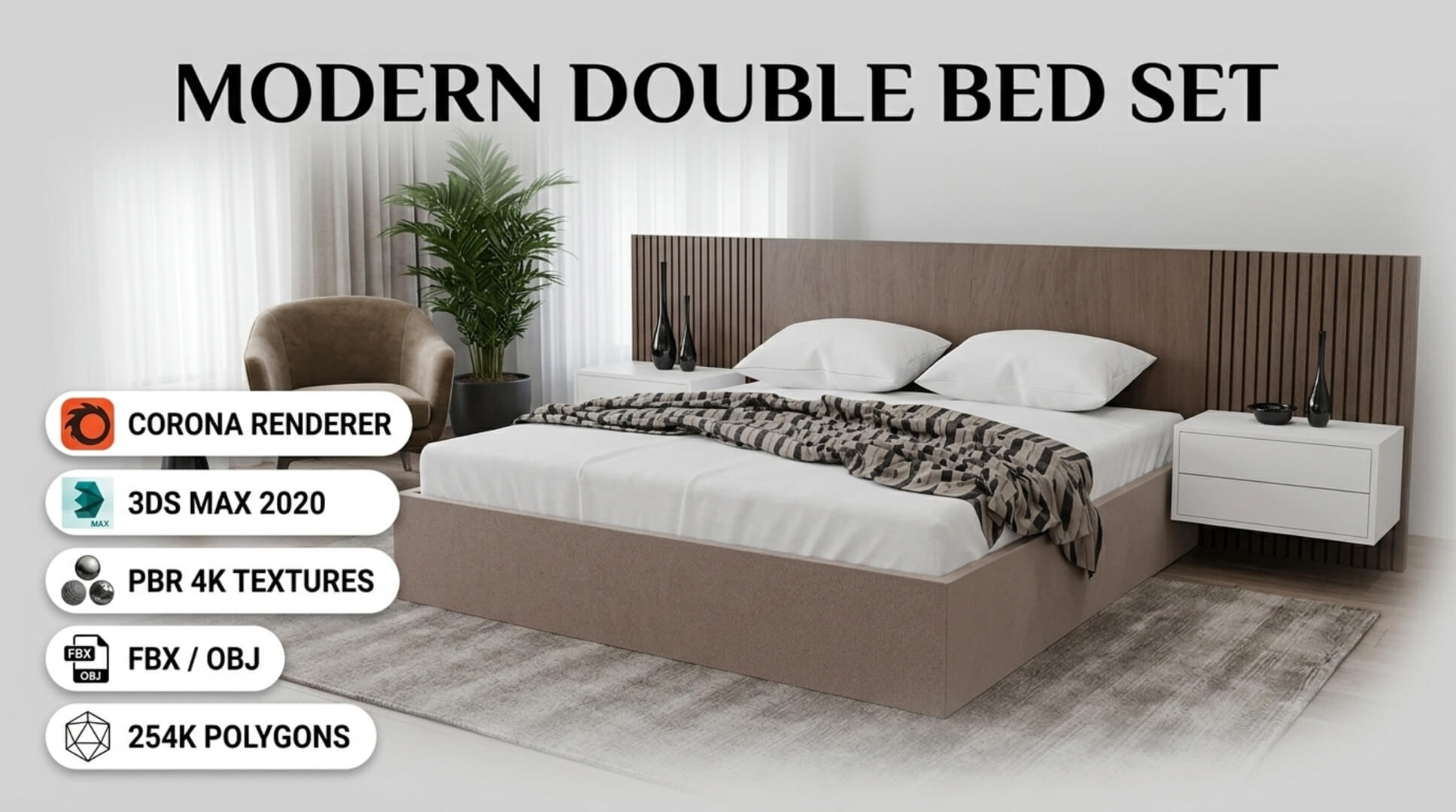 Modern Double Bed Set with Slatted Headboard & Nightstan 3D Model