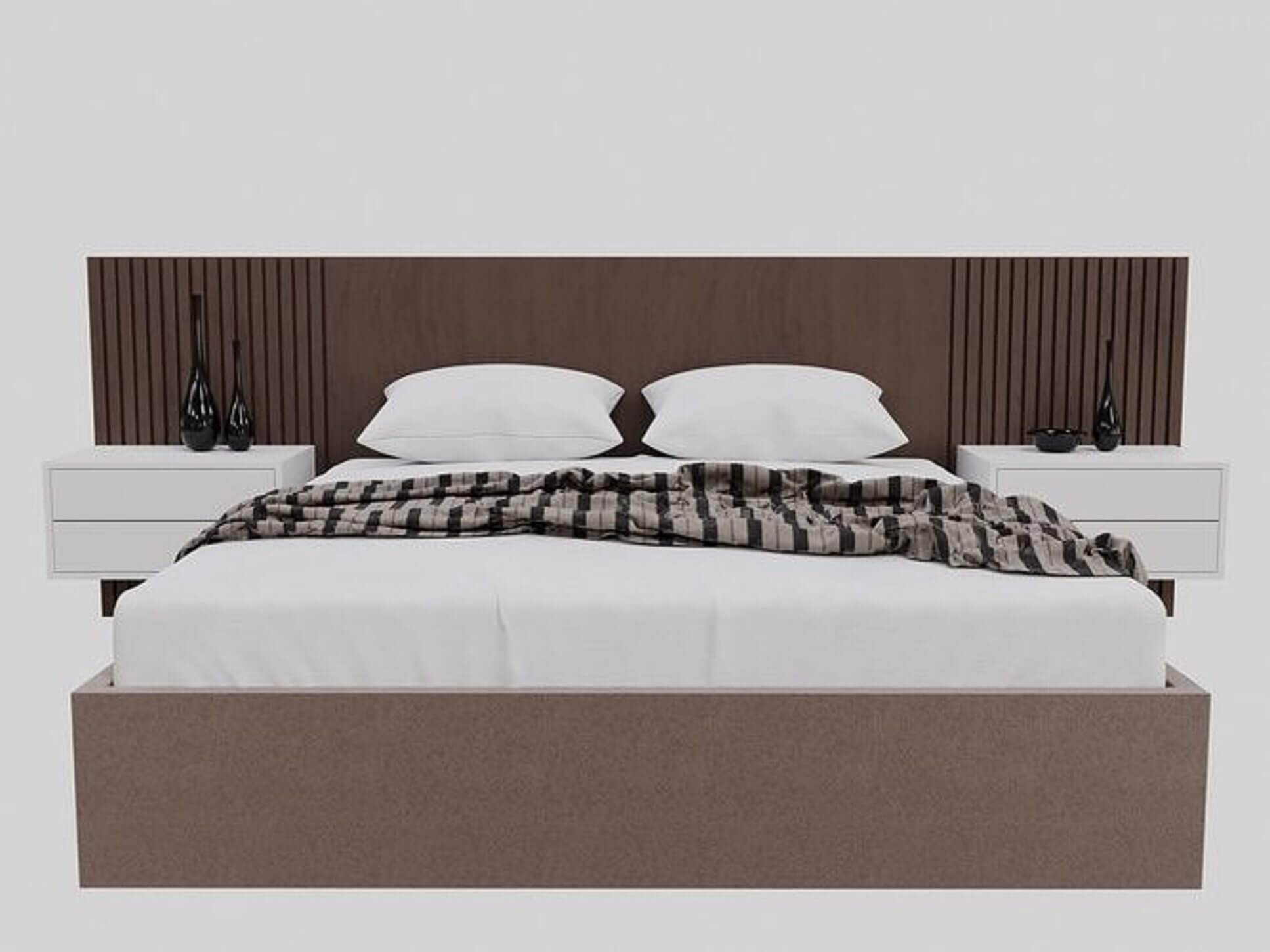 Modern Double Bed Set with Slatted Headboard & Nightstan 3D Model