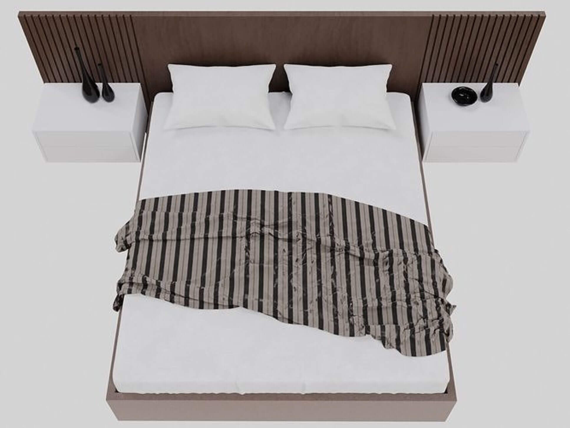 Modern Double Bed Set with Slatted Headboard & Nightstan 3D Model
