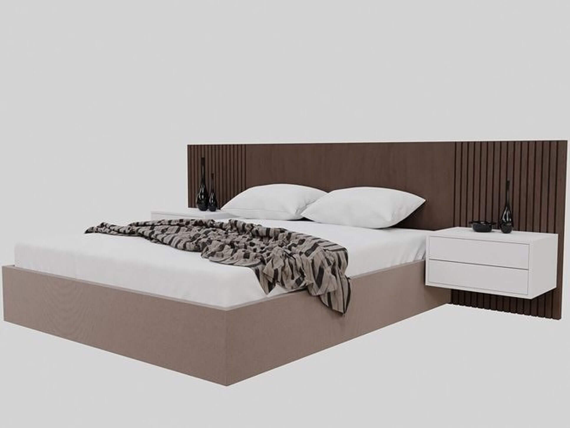 Modern Double Bed Set with Slatted Headboard & Nightstan 3D Model