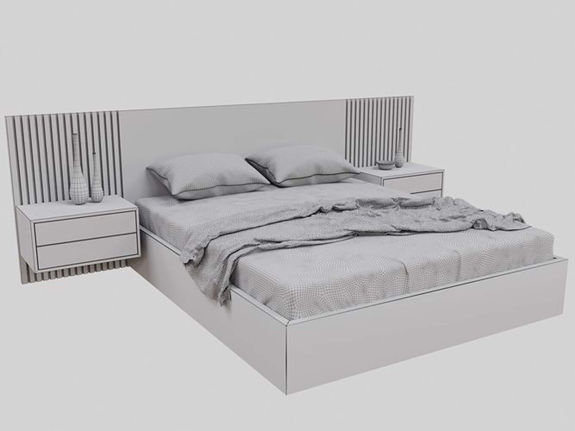 Modern Double Bed Set with Slatted Headboard & Nightstan 3D Model