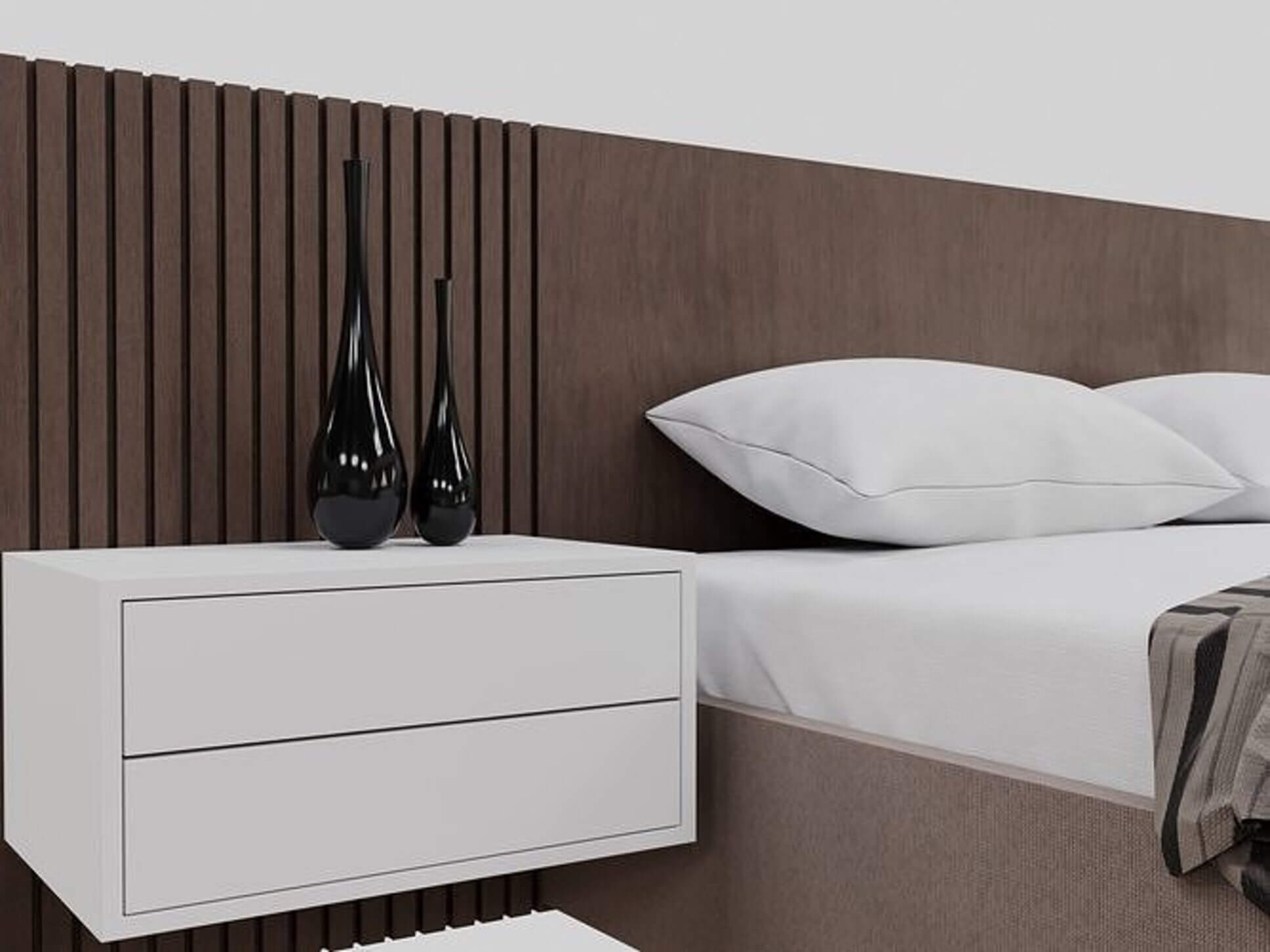 Modern Double Bed Set with Slatted Headboard & Nightstan 3D Model