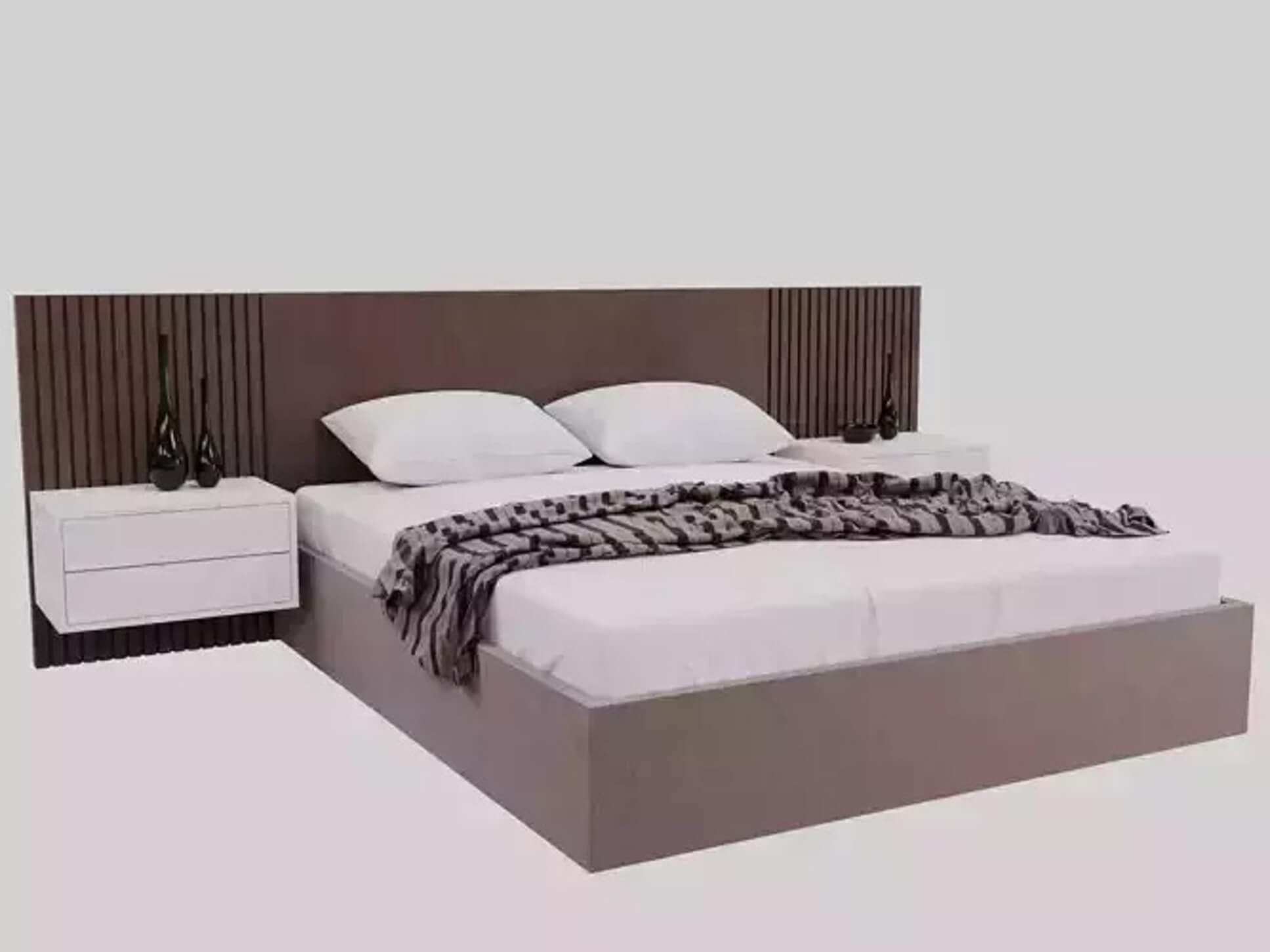 Modern Double Bed Set with Slatted Headboard & Nightstan 3D Model