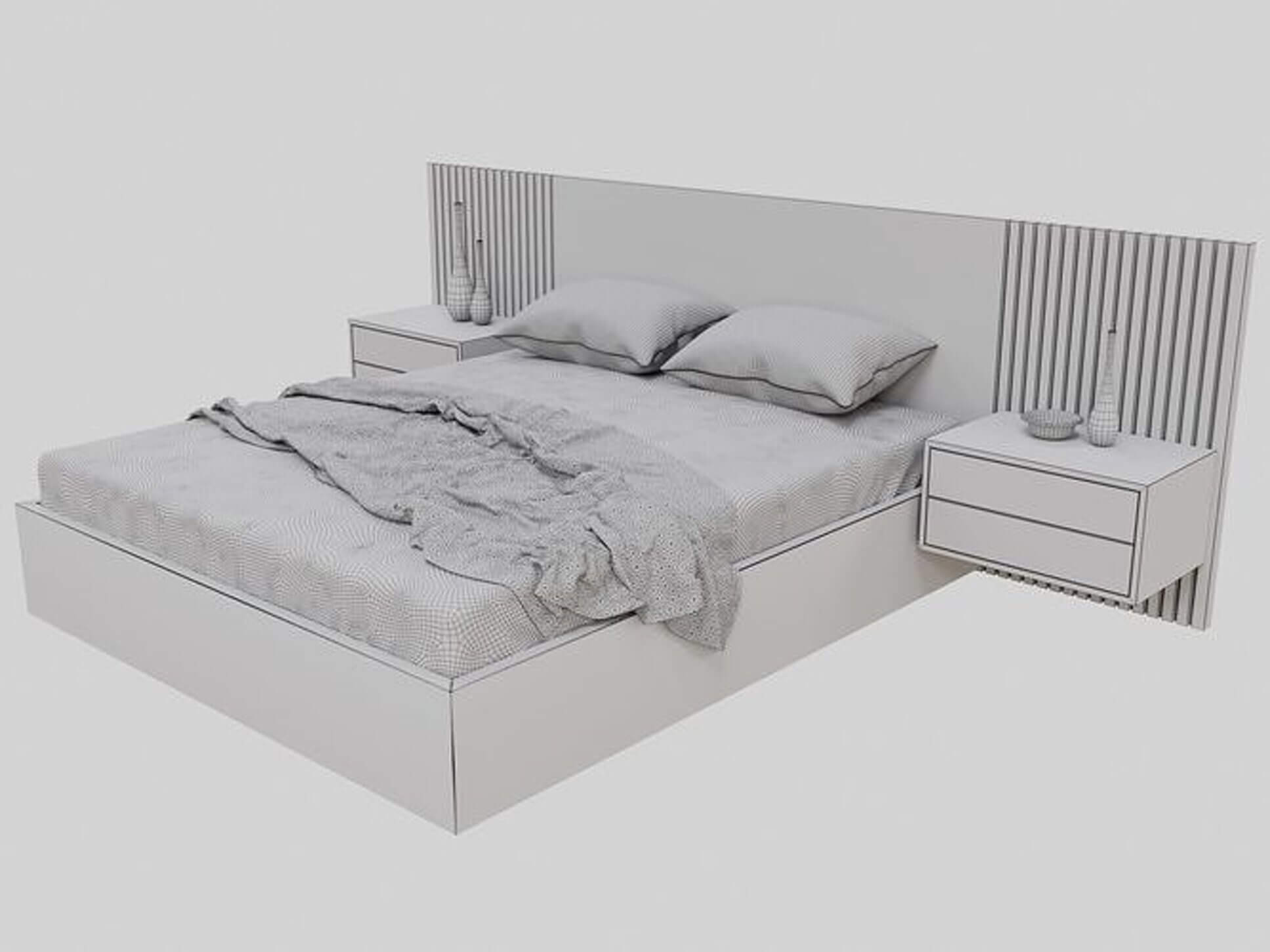 Modern Double Bed Set with Slatted Headboard & Nightstan 3D Model