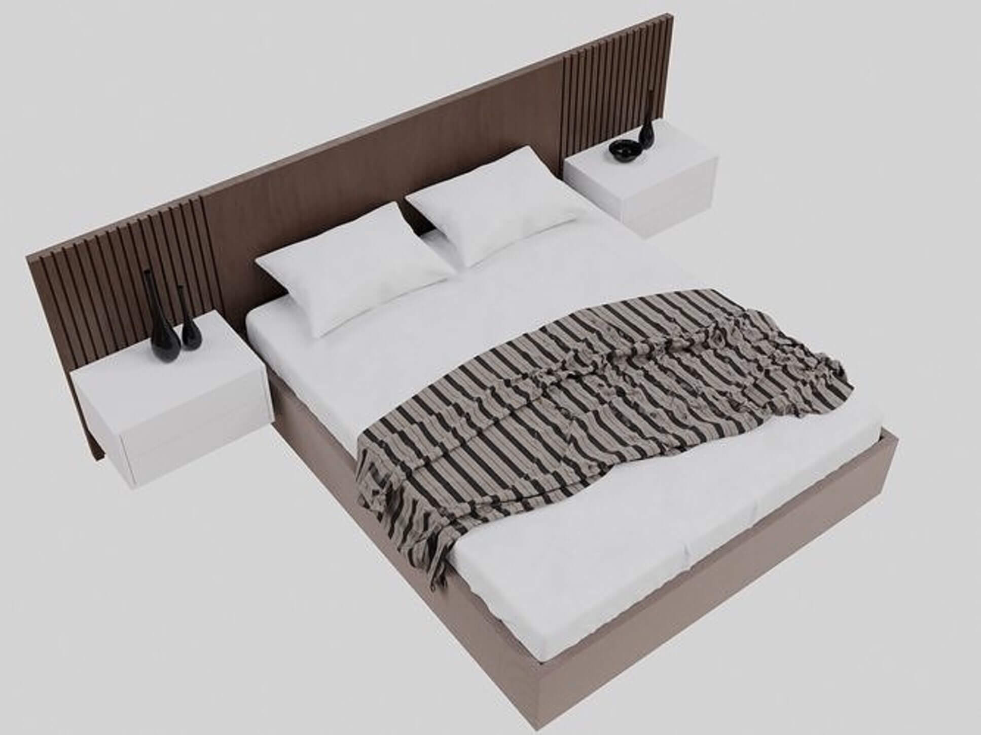 Modern Double Bed Set with Slatted Headboard & Nightstan 3D Model