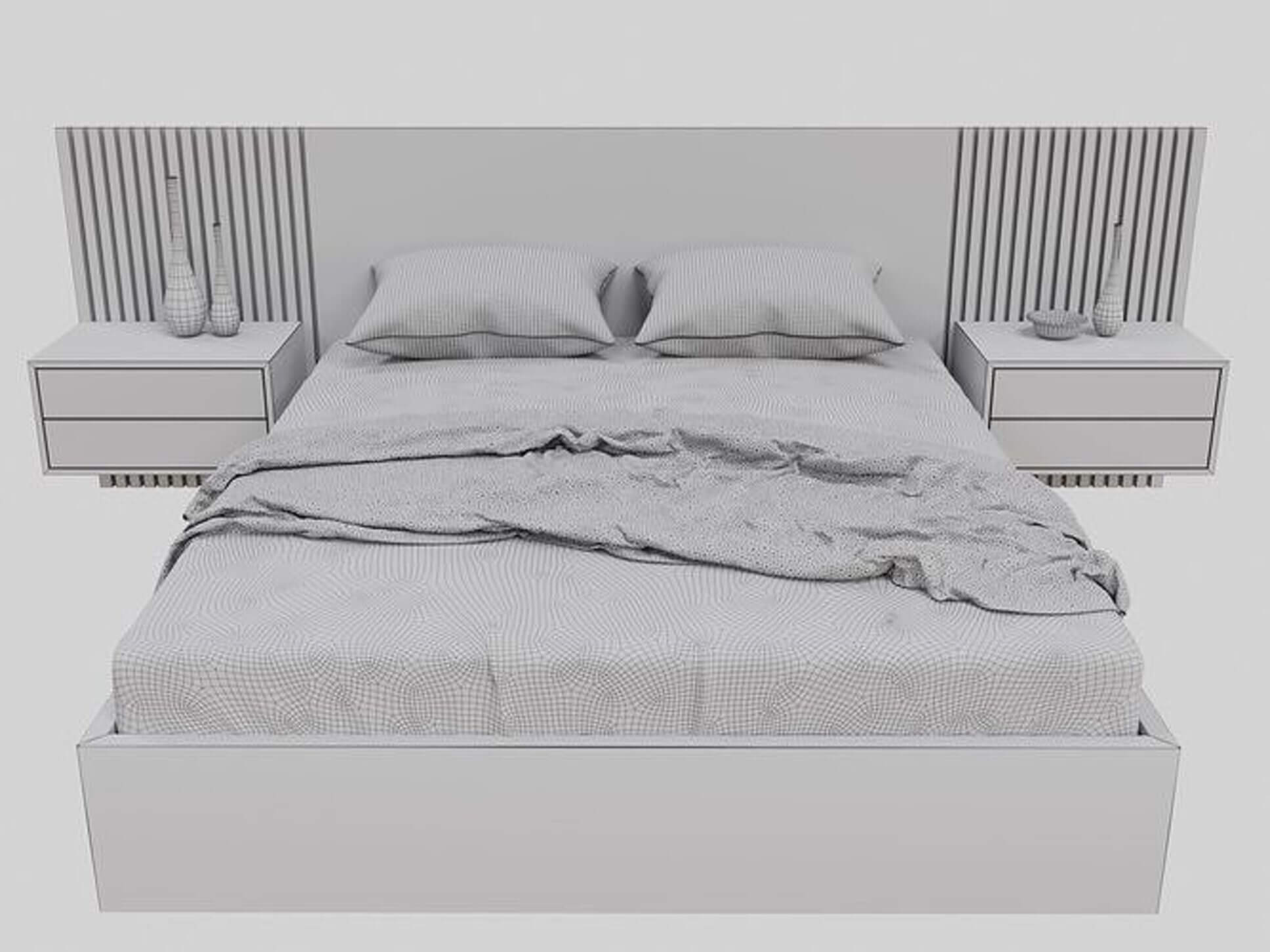 Modern Double Bed Set with Slatted Headboard & Nightstan 3D Model