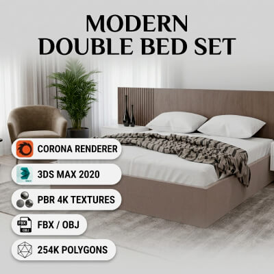 Modern Double Bed Set with Slatted Headboard & Nightstan