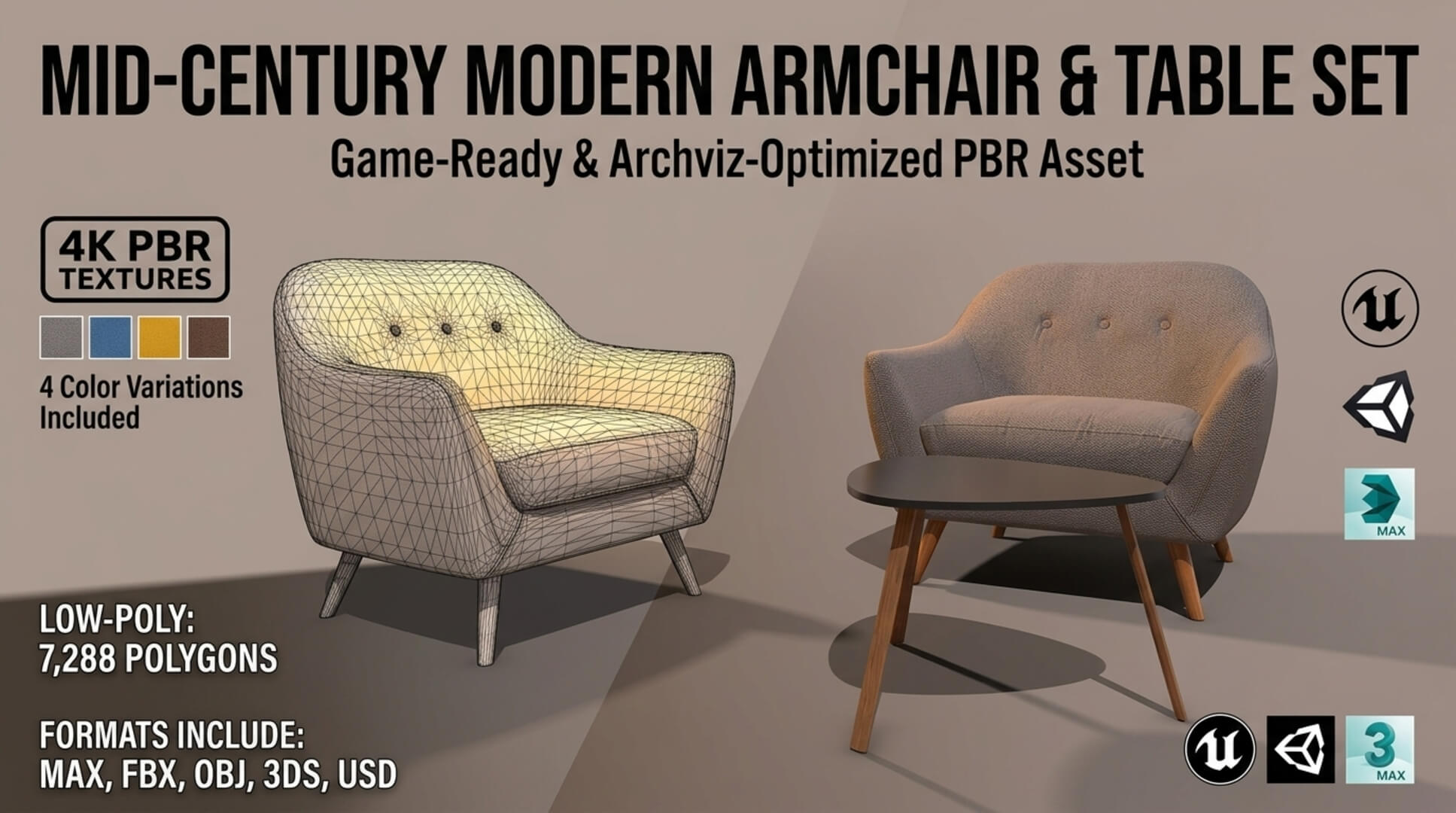 Modern Mid-Century Armchair &amp Coffee Table Set - Low-Pol 3D Model