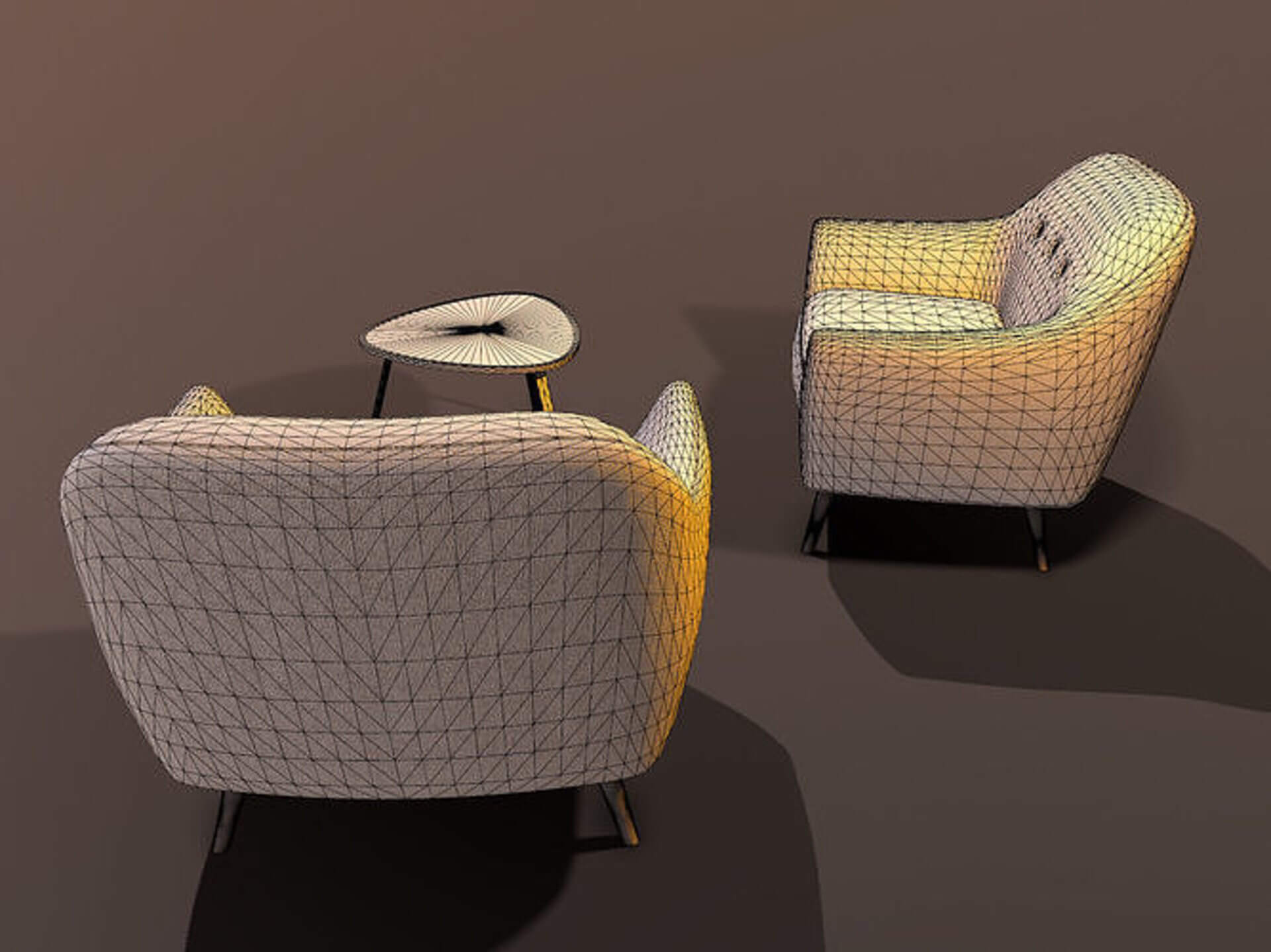 Modern Mid-Century Armchair &amp Coffee Table Set - Low-Pol 3D Model