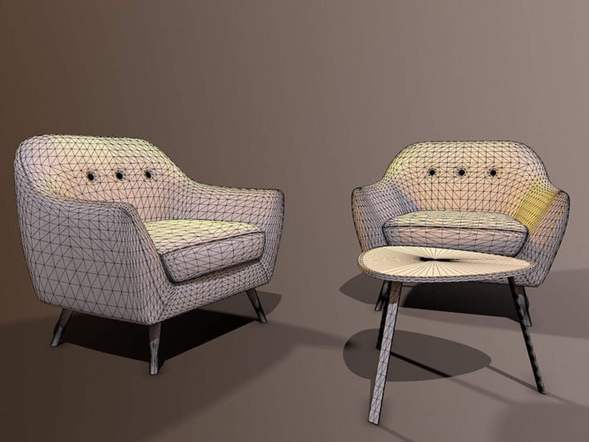 Modern Mid-Century Armchair &amp Coffee Table Set - Low-Pol 3D Model