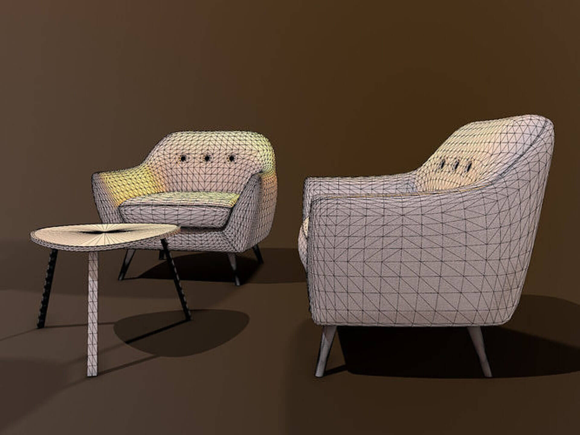 Modern Mid-Century Armchair & Coffee Table Set - Low-Pol 3D Model