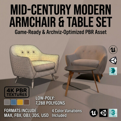 Modern Mid-Century Armchair & Coffee Table Set - Low-Pol