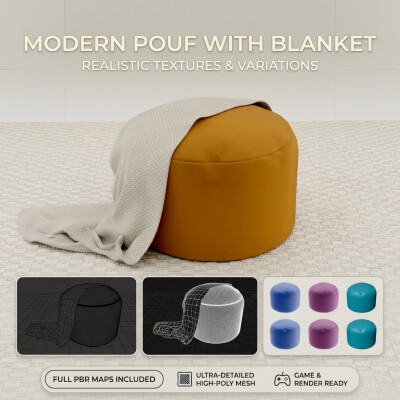 Modern Pouf with Blanket & Carpet Set - PBR 3D Model