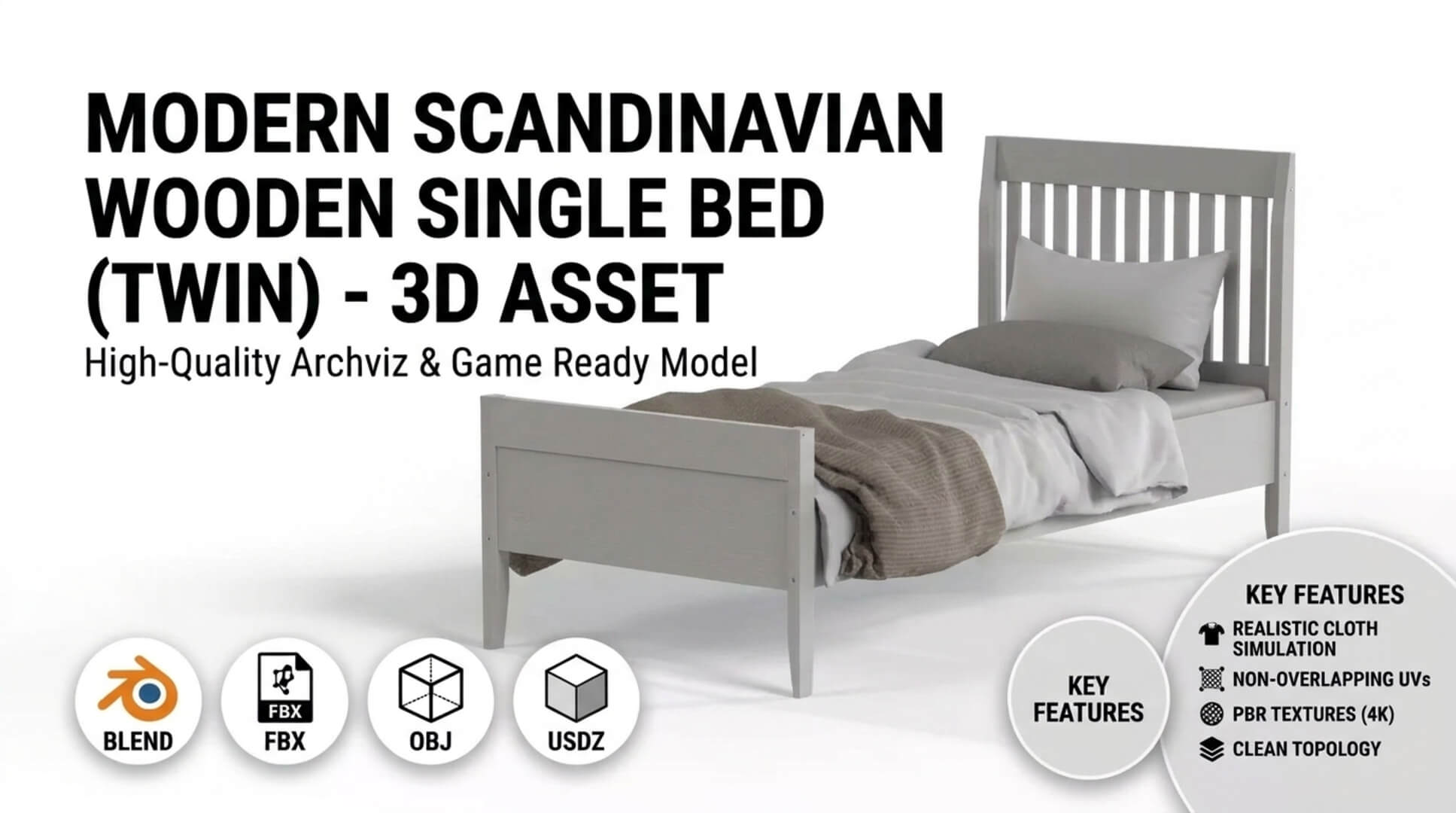 Modern Wooden Single Bed Twin Bed - PBR 3D Model 3D Model