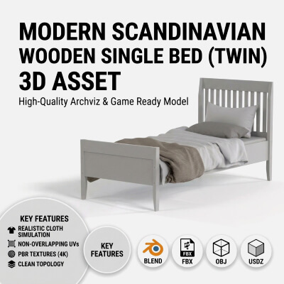Modern Wooden Single Bed (Twin Bed) - PBR 3D Model