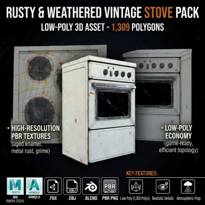 Old Electric Stove & Oven - Weathered PBR Low-Poly 3D Mo