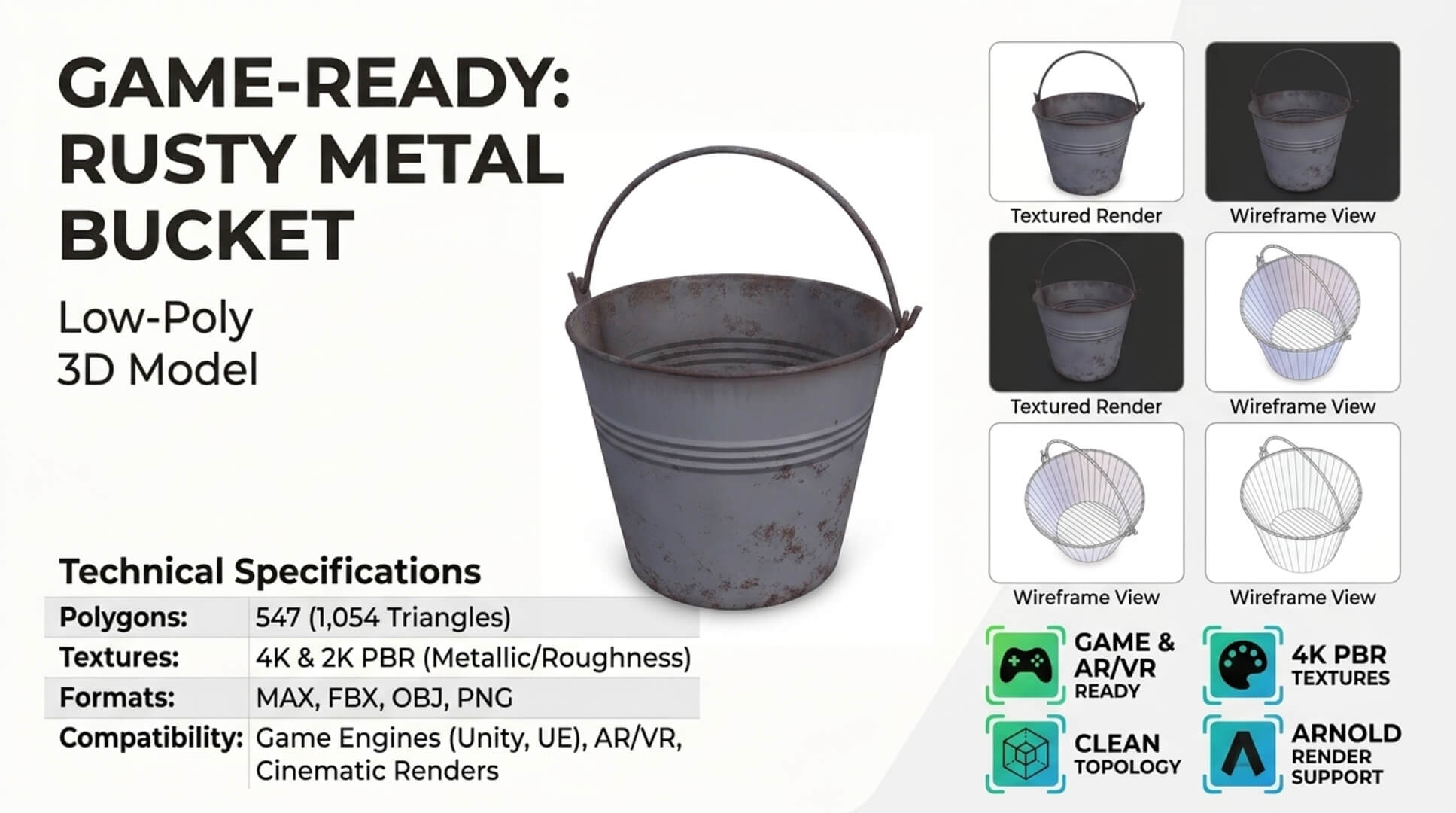 Rusty Metal Bucket Low-Poly PBR 3D Model 3D Model
