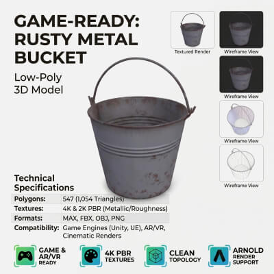 Rusty Metal Bucket Low-Poly PBR 3D Model
