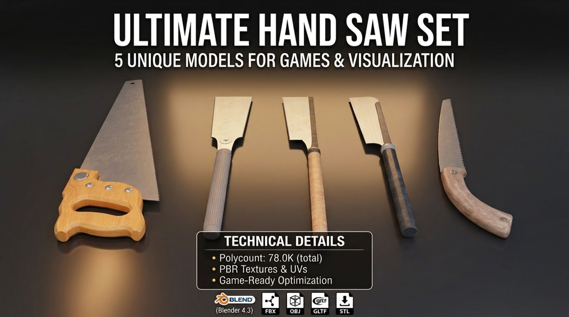 Saw Pack 5 Hand Saws - Low-Poly PBR 3D Model Set 3D Model
