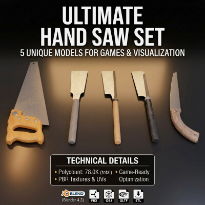 Saw Pack (5 Hand Saws) - Low-Poly PBR 3D Model Set